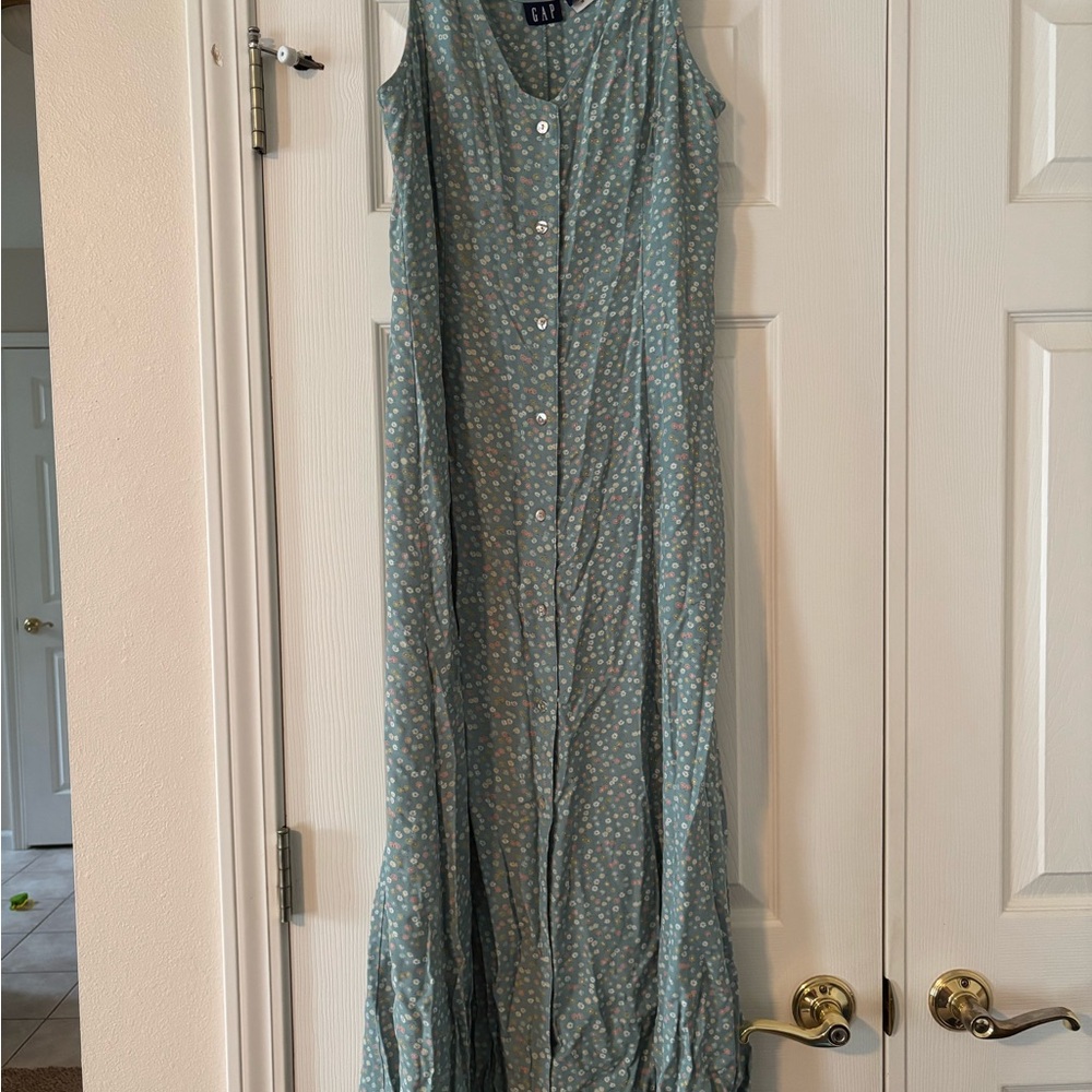 GAP Floral Button-Front Maxi Dress in Sage with Pink and White Blooms